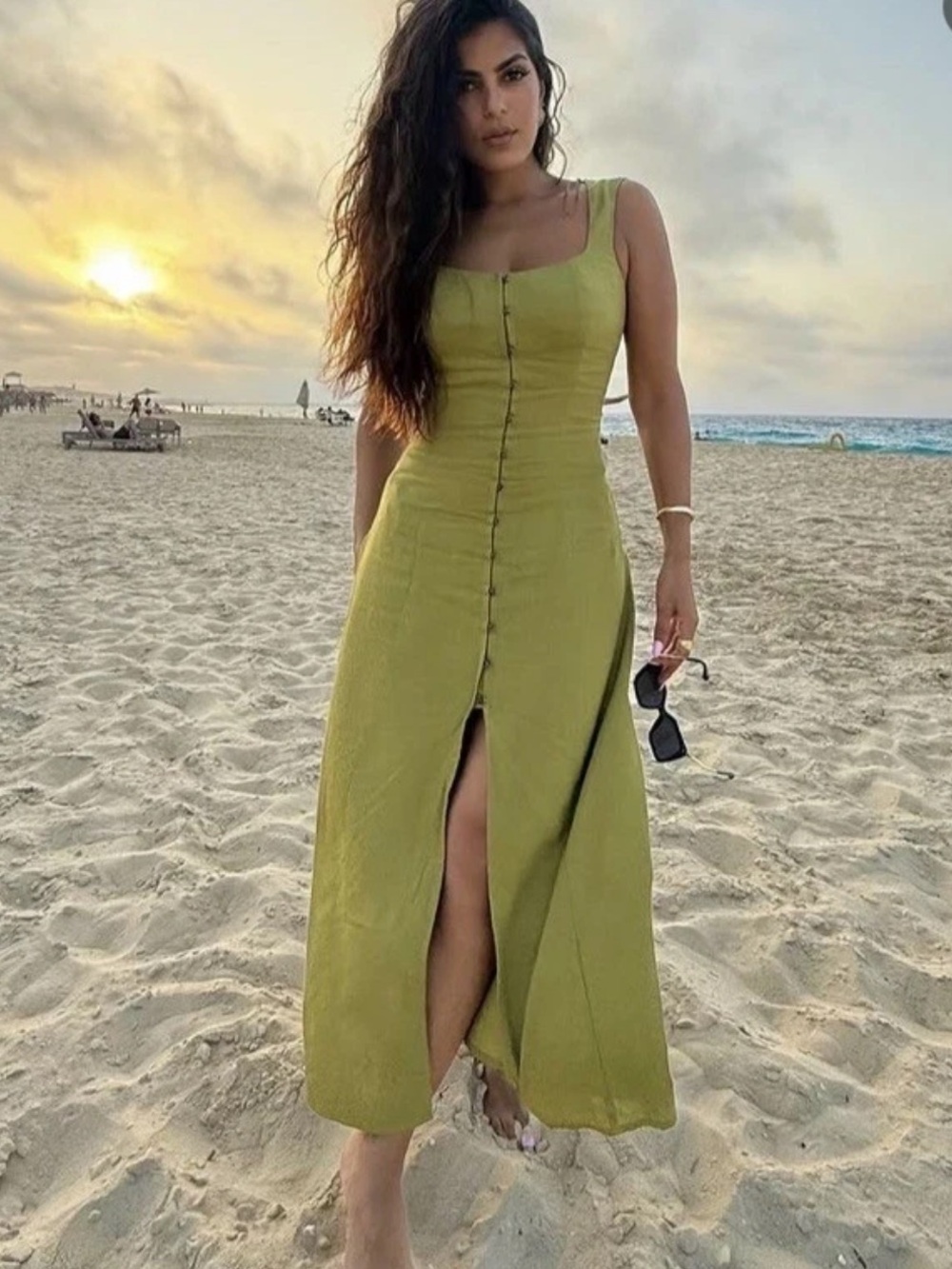 Zara Olive Green Linen Blend Button-Front Maxi Dress. Size S. Style 6962/030/510